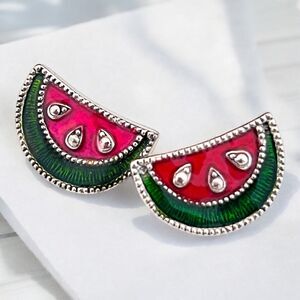 Vintage 1980s Avon Watermelon Earrings Enamel Figural Silver Tone Pierced - 9C